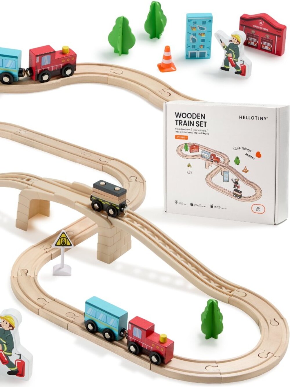 Wooden Train Set for Toddlers, 36 Pcs with Wooden Tracks Expandable, Changeable